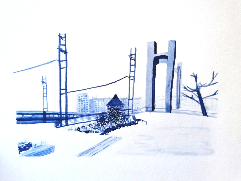 Pont de Recouvrance à Brest à l'encre de Chine bleue
