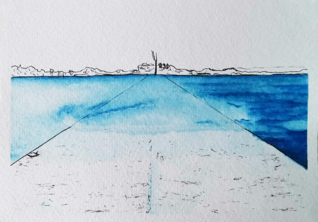 Embarcadère de l'Ile de Batz à l'encre de Chine bleue