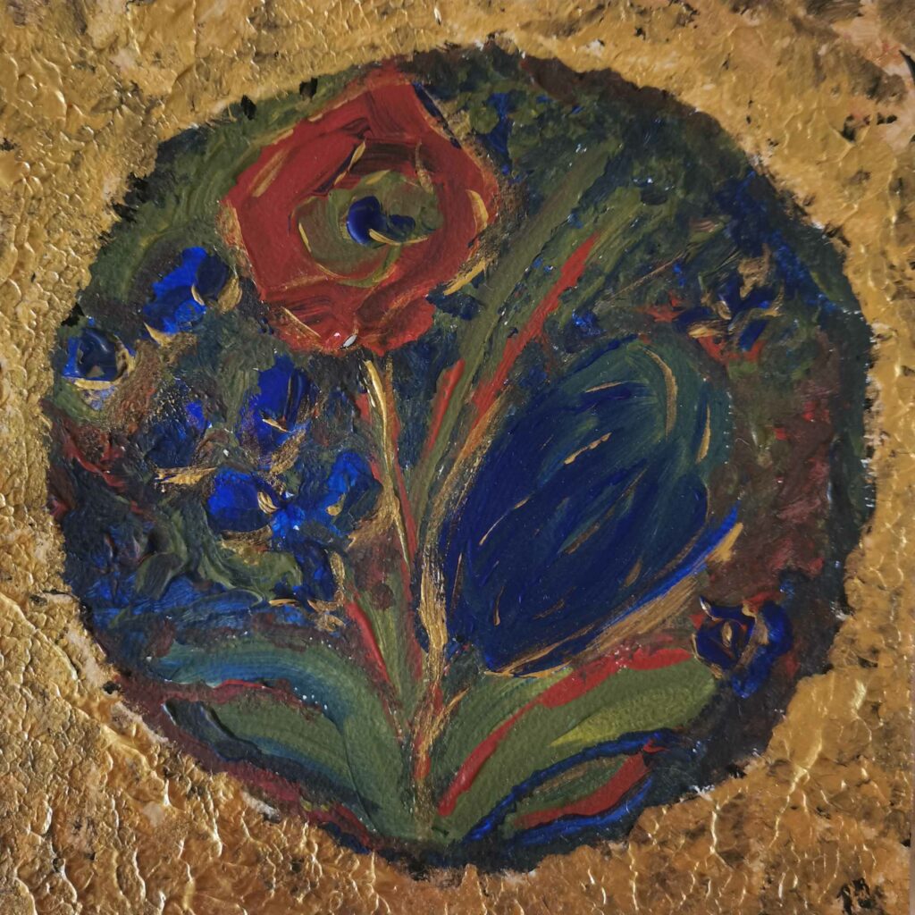 peinture fleurs bleues dorées