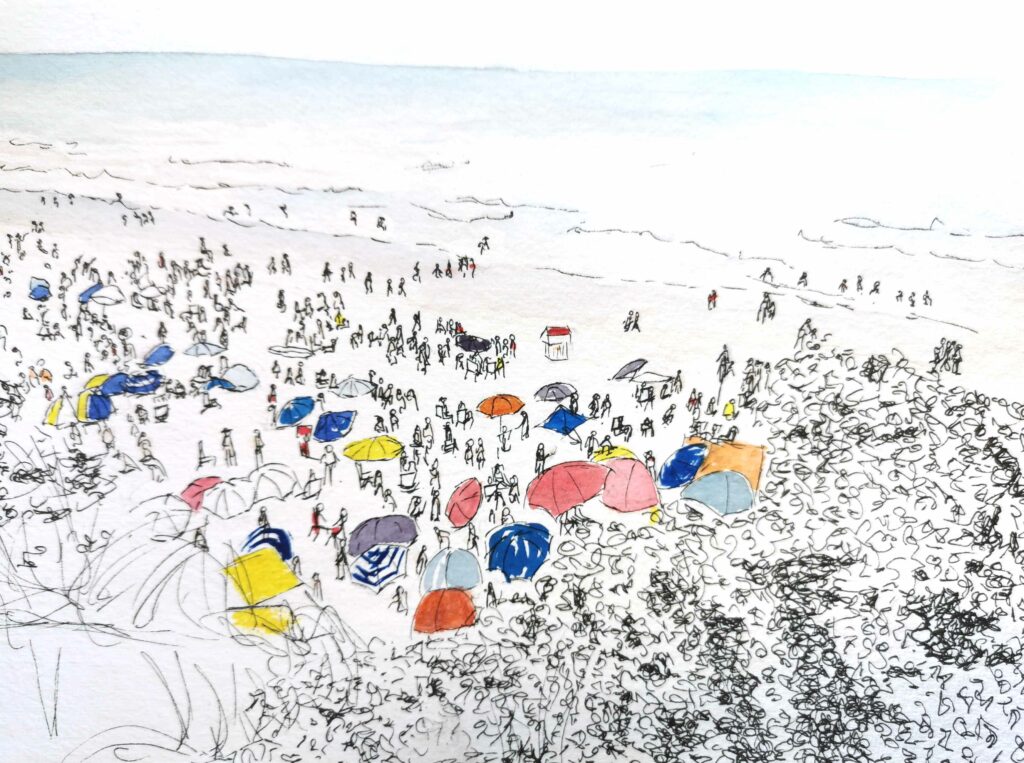 Dessin d'une plage à l'encre de Chine et aquarelle